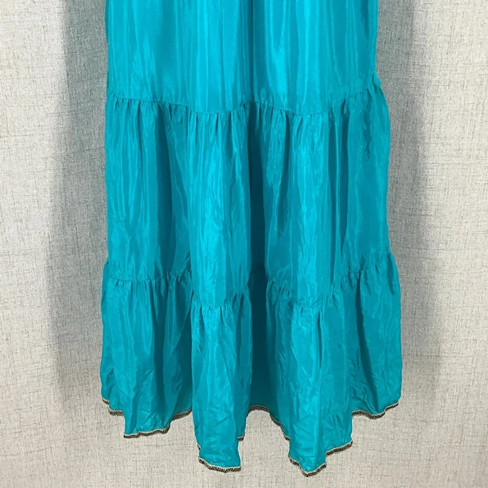 Maeve‎ Silk Maxi Dress Women Sz S Teal Blue 100% Silk Smocked Tiered Boho Halter